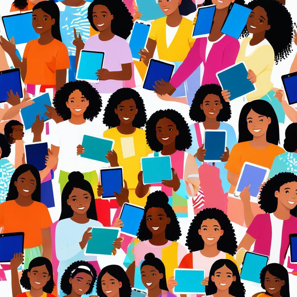 A vibrant digital collage featuring confident and inspiring girls from different cultural backgrounds, interacting with various forms of digital media like tablets, smartphones, and computer screens displaying uplifting videos. The background should be a dynamic, colorful pixelated design that represents digital empowerment. vector art. vibrant colors. white background.