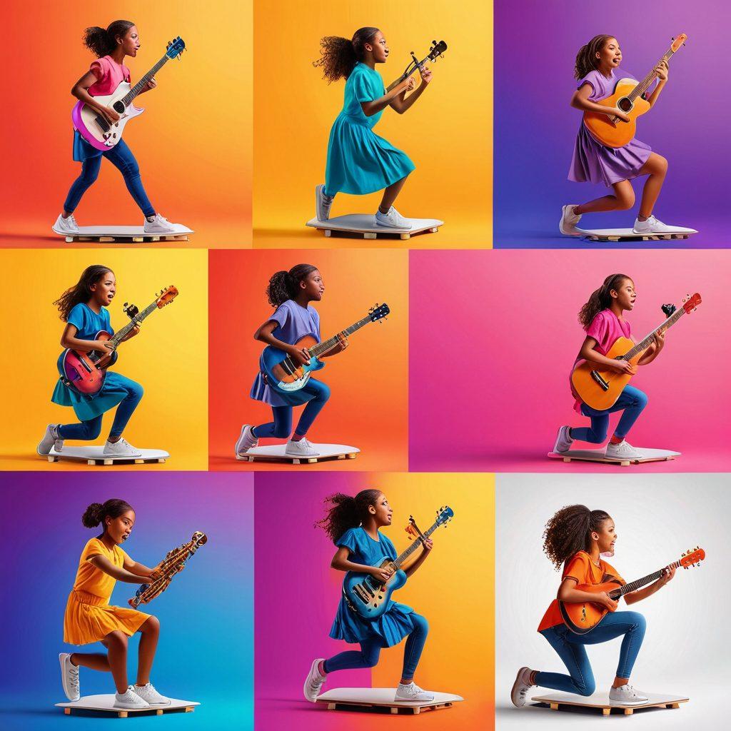 An energetic collage of various web video thumbnails featuring inspiring young girls. Each thumbnail shows a diverse range of activities: a girl coding on a computer, another playing an instrument passionately, one performing a high-energy dance, and another speaking confidently at a podium. The background is a subtle blend of vibrant colors, symbolizing empowerment and creativity. vector art. vibrant colors. white background.