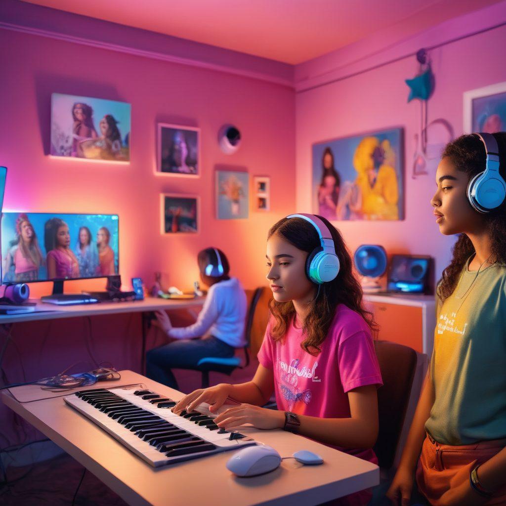 An empowering scene of diverse young girls confidently streaming from their vibrant, tech-savvy rooms, each showcasing unique talents and lively personalities with microphones, gaming setups, musical instruments, and creative artwork in the background. Include icons of popular streaming platforms subtly integrated into the scene. painting. vibrant colors.